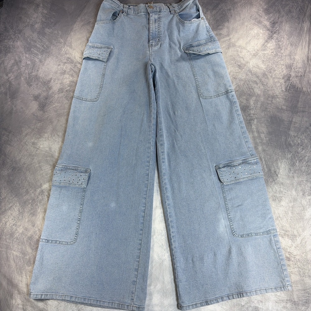 Madden Girl Cargo Jeans Women Medium Light Blue Rhinestone Wide Leg High Waist